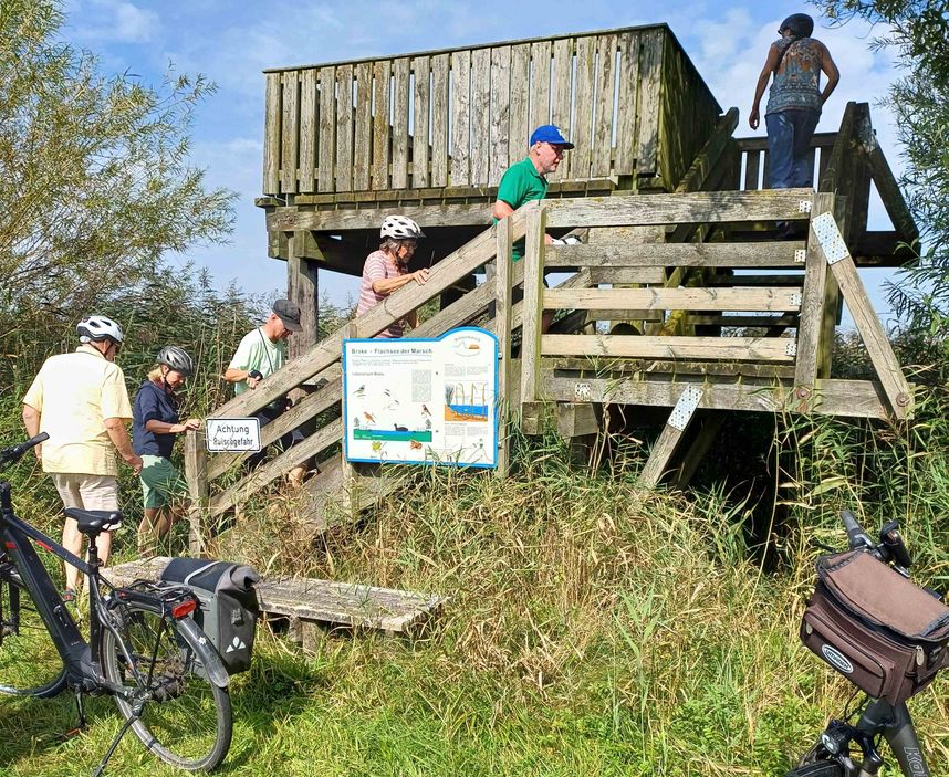 Die Fahrrad-Gruppe "Landschaft im Wandel" machte eine kurzen Stopp an der Brake in Flethsee.